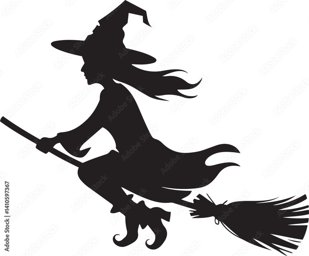 Fototapeta premium Spooky Halloween Flying Witch Broomstick Silhouette Vector 