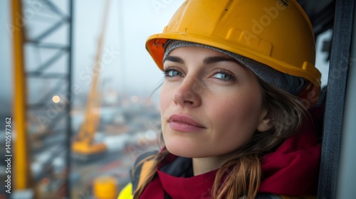 Female engineer wearing hardhat supervising construction site