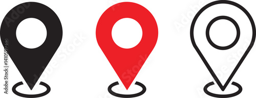 Three Location Pin Icons in Black, Red, and Line Styles