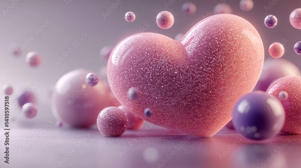 Pink glittering heart surrounded by floating spheres, a 3d render of romance