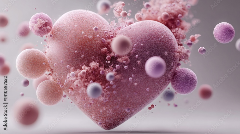 Pink heart exploding into colorful spheres on white background