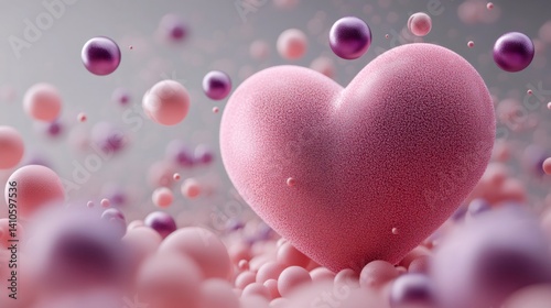 Pink fluffy heart floating on small spheres with purple and pink bubbles