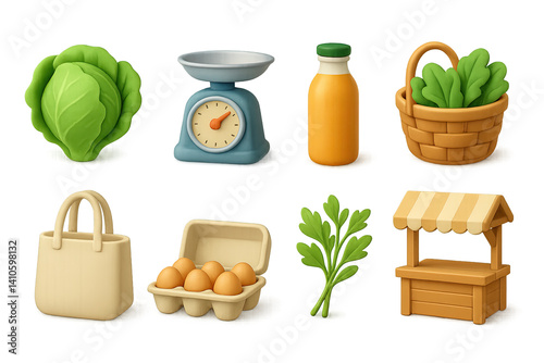 Obraz na płótnie 3D icon set of handmade products: lettuce head, vendor scale, juice bottle, basket of greens, wooden stall, reusable bag, egg carton, fresh herbs. 3d icon. icons set of 3d style in a modern design. w salonie