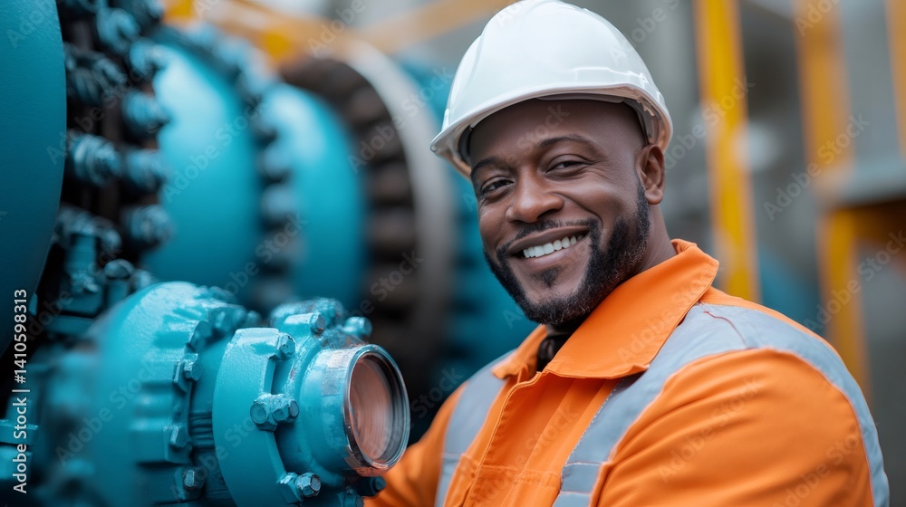 Smiling industrial engineer inspecting pipeline machinery