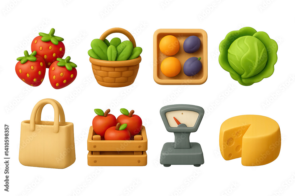 3D icon set of bakery stall: strawberries, basket of greens, fruit tray, lettuce head, reusable bag, apple crate, vendor scale, cheese wheel. 3d icon. icons set of 3d style in a modern design.