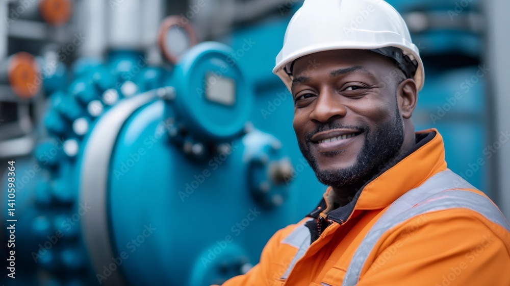 Smiling industrial engineer wearing hardhat posing in factory