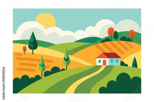 vector illustration of a rural landscape with fields
