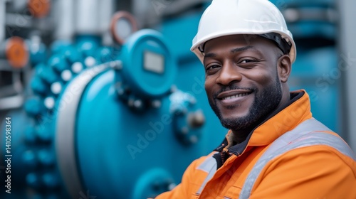Smiling industrial engineer wearing hardhat posing in factory
