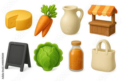 3D icon set of easter market: chocolate bunny, easter card, cross, easter grass, coloring kit, ribbon, candle, lamb. 3d icon. icons set of 3d style in a modern design. Isolated