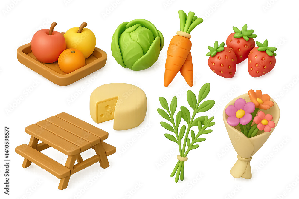 3D icon set of artisan goods market: fruit tray, lettuce head, carrot bunch, strawberries, cheese wheel, fresh herbs, picnic table, flower bouquet. 3d icon. icons set of 3d style in a modern design.