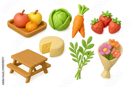 Obraz na płótnie 3D icon set of artisan goods market: fruit tray, lettuce head, carrot bunch, strawberries, cheese wheel, fresh herbs, picnic table, flower bouquet. 3d icon. icons set of 3d style in a modern design. w salonie