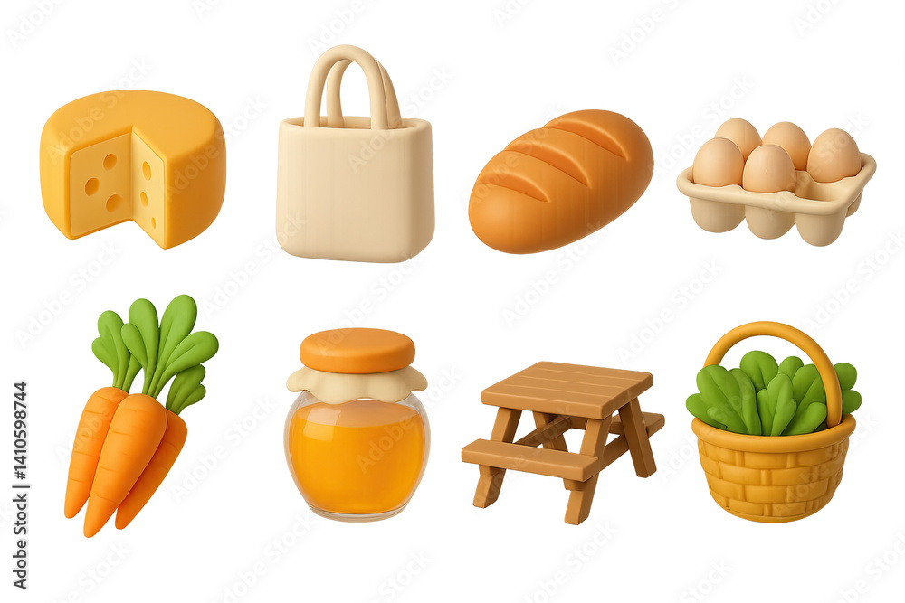 3D icon set of spring harvest sale: cheese wheel, reusable bag, loaf of bread, egg carton, carrot bunch, jar of honey, picnic table, basket of greens. 3d icon. icons set of 3d style in a modern