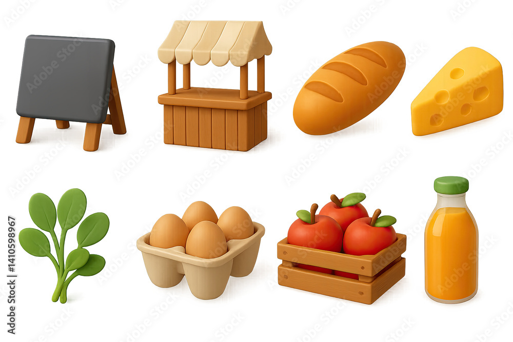 3D icon set of easter market: chocolate bunny, easter card, cross, easter grass, coloring kit, ribbon, candle, lamb. 3d icon. icons set of 3d style in a modern design. Isolated