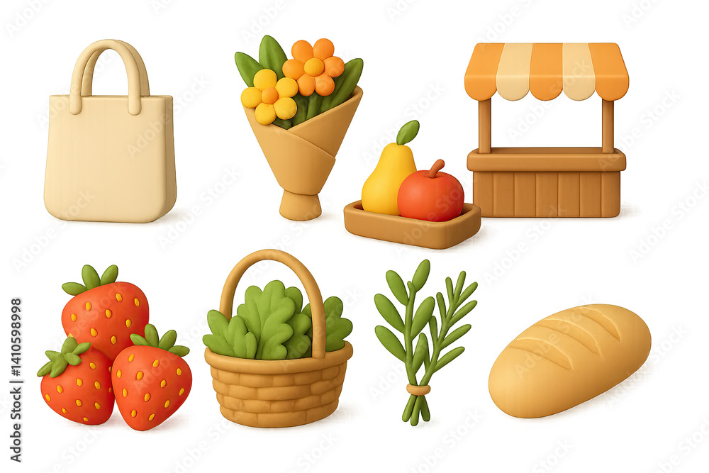 3D icon set of eco shopping bags: reusable bag, flower bouquet, fruit tray, wooden stall, strawberries, basket of greens, fresh herbs, loaf of bread. 3d icon. icons set of 3d style in a modern design