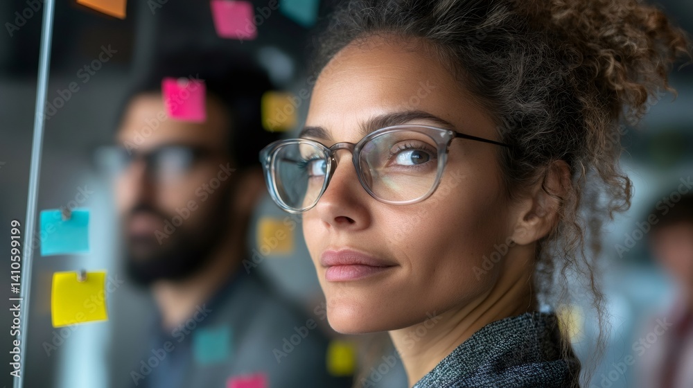 Confident businesswoman leading brainstorming session with sticky notes