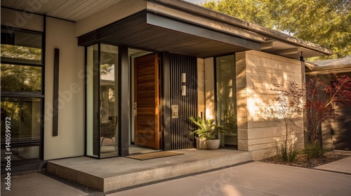 Modern entry door with sidelight and linear canopy 