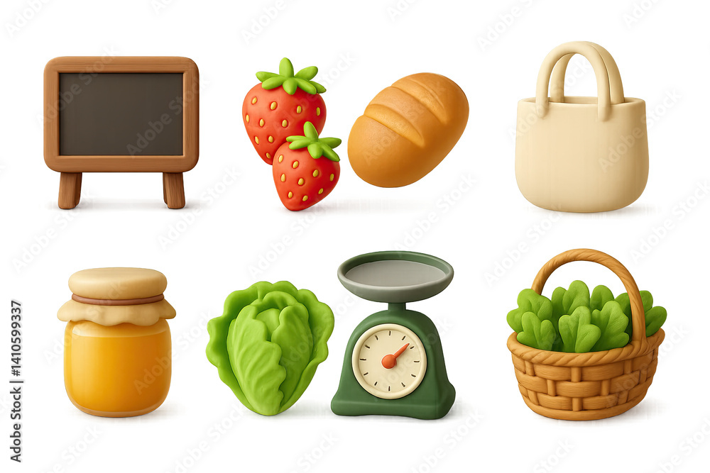 3D icon set of spring farmer's market: picnic table, fresh herbs, cheese wheel, reusable bag, chalk sign, basket of greens, wooden stall, apple crate. 3d icon. icons set of 3d style in a modern