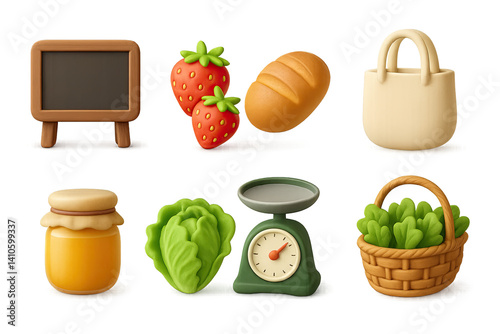 Obraz na płótnie 3D icon set of spring farmer's market: picnic table, fresh herbs, cheese wheel, reusable bag, chalk sign, basket of greens, wooden stall, apple crate. 3d icon. icons set of 3d style in a modern w salonie