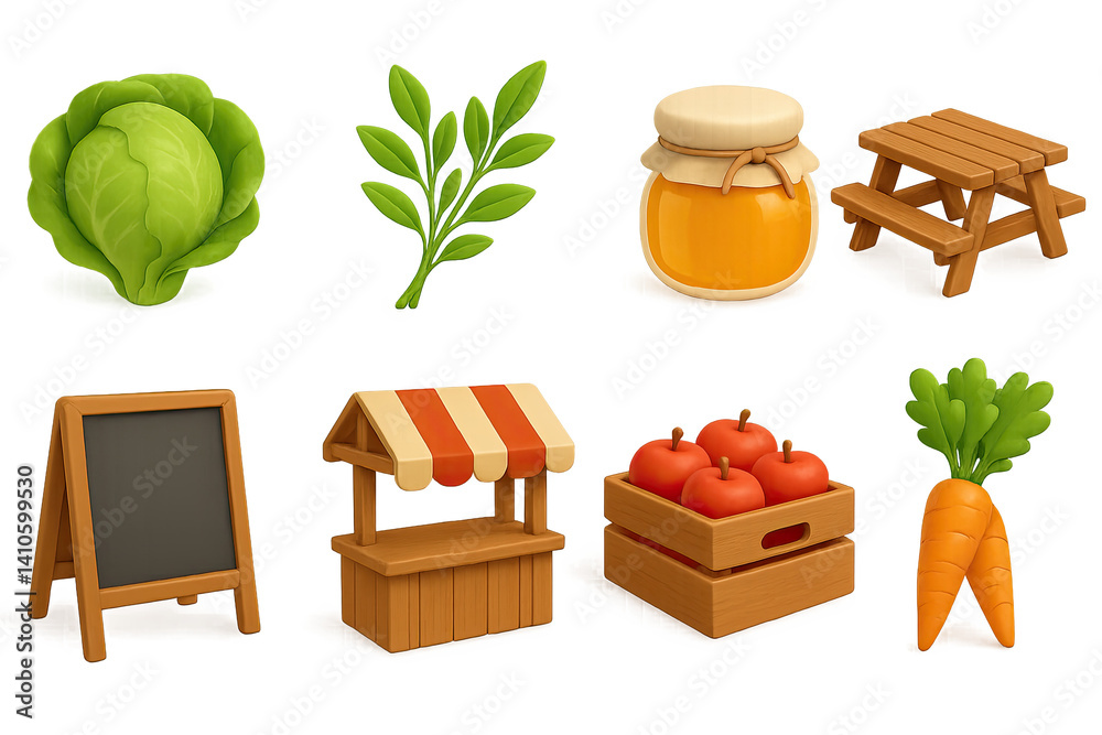 3D icon set of farmers market in bloom: fresh herbs, fruit tray, picnic table, lettuce head, juice bottle, vendor scale, dairy jug, radish bunch. 3d icon. icons set of 3d style in a modern design.