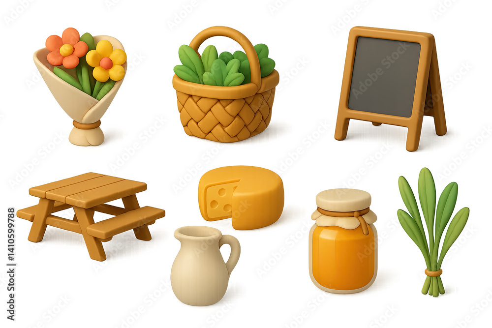 3D icon set of easter market: chocolate bunny, easter card, cross, easter grass, coloring kit, ribbon, candle, lamb. 3d icon. icons set of 3d style in a modern design. Isolated