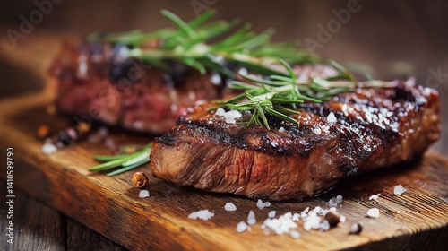 Grilled Steak on Rustic Wooden Board for food blogs, steakhouse menus, grilling advertisements, and culinary magazine spreads with moody brown palette.