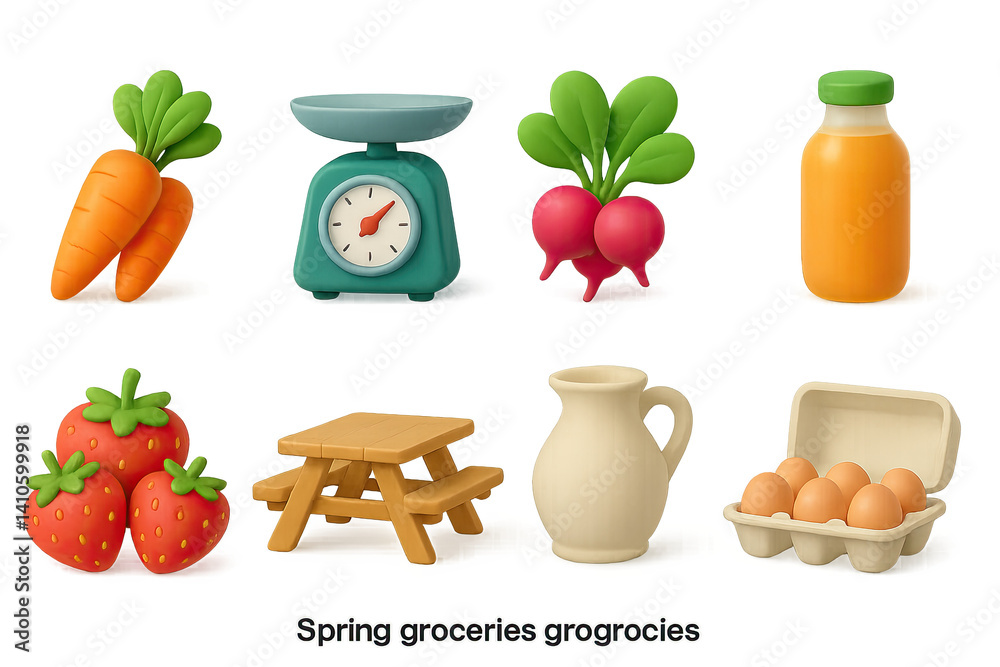 Charming 3d spring grocery icons set featuring fruits, vegetables, and kitchen items