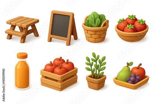 Obraz na płótnie 3D icon set of vintage market stands: picnic table, chalk sign, basket of greens, strawberries, juice bottle, apple crate, fresh herbs, fruit tray. 3d icon. icons set of 3d style in a modern design. w salonie