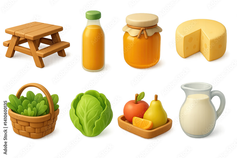 3D icon set of eco shopping bags: reusable bag, flower bouquet, fruit tray, wooden stall, strawberries, basket of greens, fresh herbs, loaf of bread. 3d icon. icons set of 3d style in a modern design