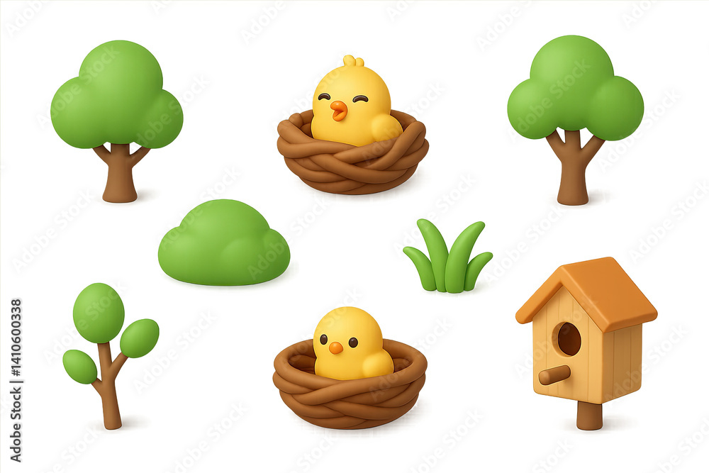 3D icon set of spring park stroll: yoga mat, bicycle, lamp post, camera, bench, tree, walking path, fountain. 3d icon. icons set of 3d style in a modern design. Isolated