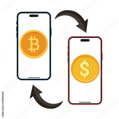 Crypto to fiat transfer illustration showing two smartphones exchanging Bitcoin and dollar coins with arrows, perfect for representing mobile currency exchange, P2P crypto payments.