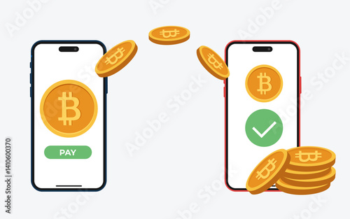 Bitcoin transaction illustration featuring two smartphones transferring crypto coins with confirmation checkmark, ideal for visuals on mobile Bitcoin payments, peer-to-peer crypto exchange.
