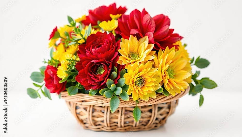 Obraz premium Colorful Blooms in Rattan Basket - Romneya, Peony, and Sempervivum