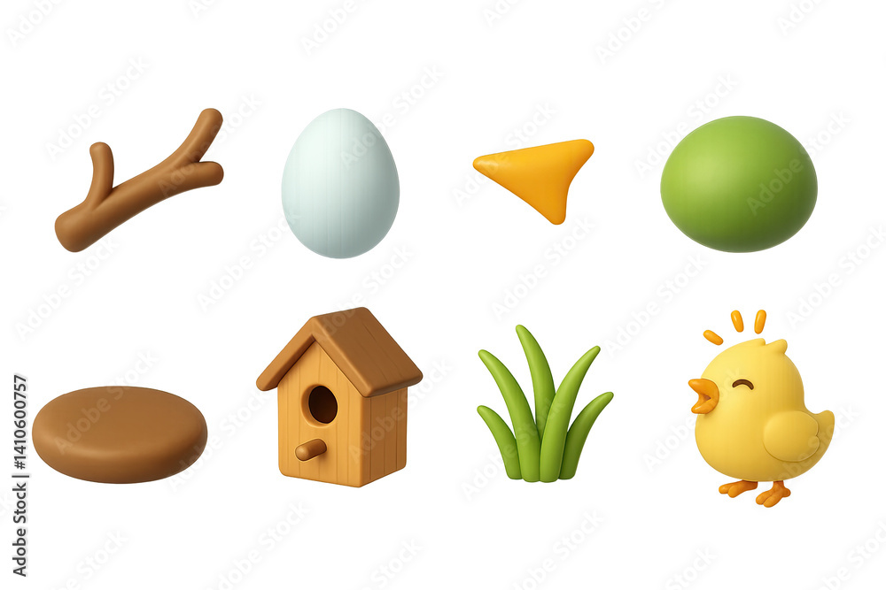 3D icon set of early morning nests: branch, bird egg, tiny beak, moss, forest floor, nesting box, grass, chirping chick. 3d icon. icons set of 3d style in a modern design. Isolated