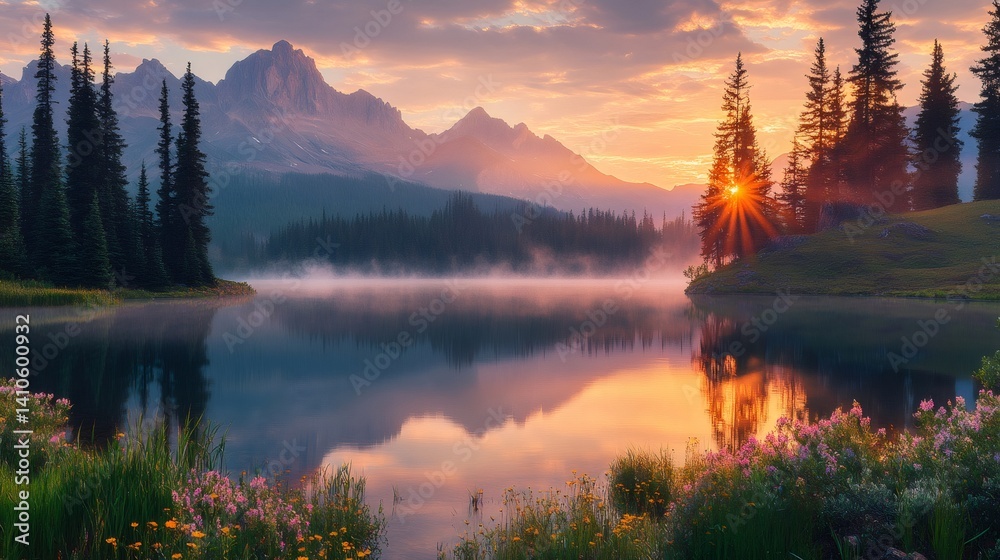 Sunrise illuminating misty lake and majestic mountain peaks