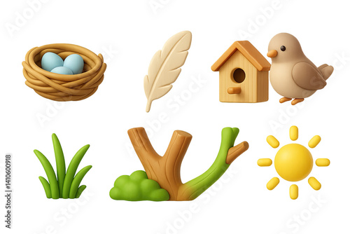 Obraz na płótnie 3D icon set of colorful birds: owl, finch, swan, canary, nest, hummingbird, eagle, pigeon. 3d icon. icons set of 3d style in a modern design. Isolated w salonie