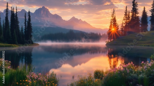Obraz na płótnie Sunrise illuminating misty lake and majestic mountain peaks w salonie