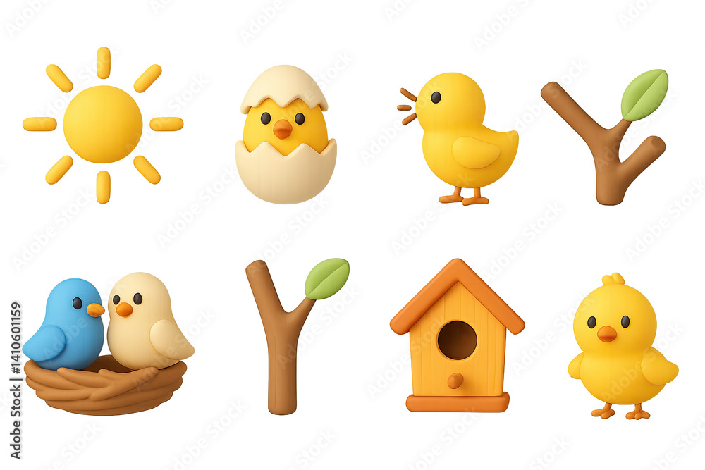 3D icon set of bird-friendly gardens: seed packet, spray bottle, fertilizer bag, garden marker, compost bin, gloves, trowel, planter box. 3d icon. icons set of 3d style in a modern design. Isolated
