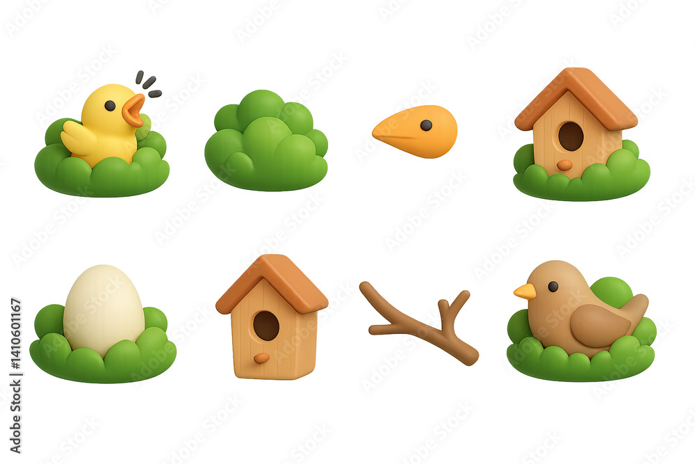 3D icon set of nesting birds: blue jay, crane, duck, flamingo, parrot, canary, finch, cockatoo. 3d icon. icons set of 3d style in a modern design. Isolated
