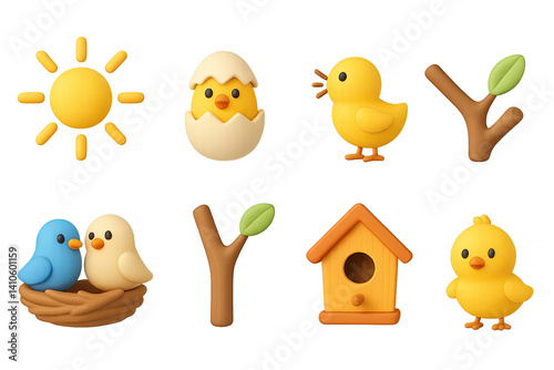 3D icon set of bird-friendly gardens: seed packet, spray bottle, fertilizer bag, garden marker, compost bin, gloves, trowel, planter box. 3d icon. icons set of 3d style in a modern design. Isolated