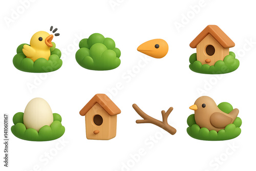 Obraz na płótnie 3D icon set of nesting birds: blue jay, crane, duck, flamingo, parrot, canary, finch, cockatoo. 3d icon. icons set of 3d style in a modern design. Isolated w salonie