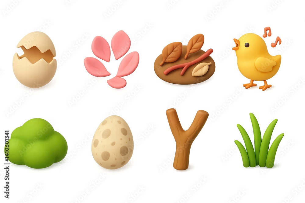 3d spring-themed icon set: chick, egg, plants, and more