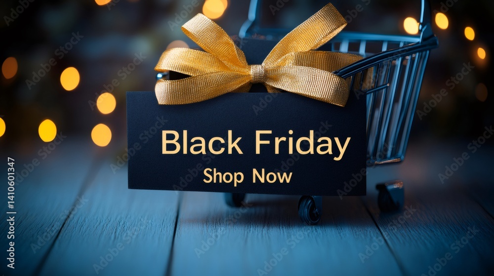 Shopping cart with black friday sign and golden ribbon on defocused lights background