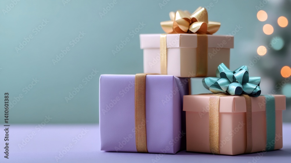 Stack of colorful gift boxes with ribbons and bows creating festive atmosphere