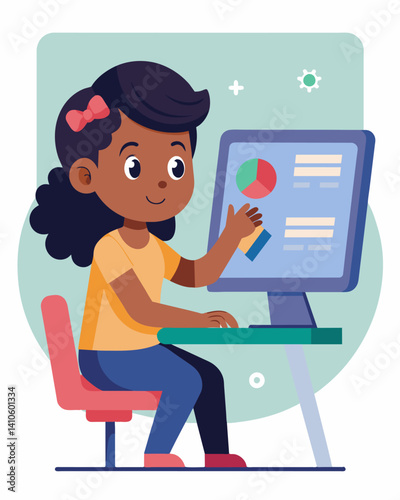 A girl sits confidently in front of the smart board her fingers flying across the keyboard as she effortlessly codes an animated character.. Vector illustration