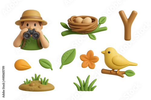 3D icon set of birdwatcher finds nest: forest floor, branch, tiny beak, tree fork, leaf, flower petals, mother bird, grass. 3d icon. icons set of 3d style in a modern design. Isolated
