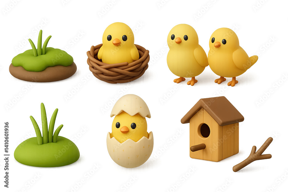 3D icon set of baby chick hatching: forest floor, bird nest, hatched egg, bird couple, grass, nesting box, moss, twig. 3d icon. icons set of 3d style in a modern design. Isolated