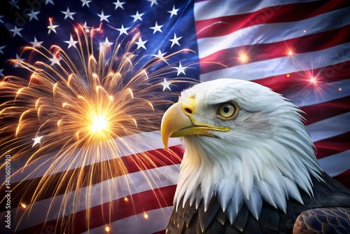 Fireworks behind an American eagle graphic

