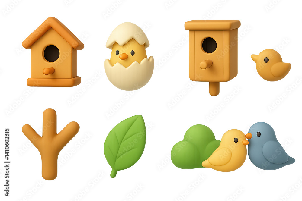 3D icon set of nesting season: birdhouse, bird couple, hatched egg, flower petals, bird nest, mother bird, tiny beak, bird egg. 3d icon. icons set of 3d style in a modern design. Isolated