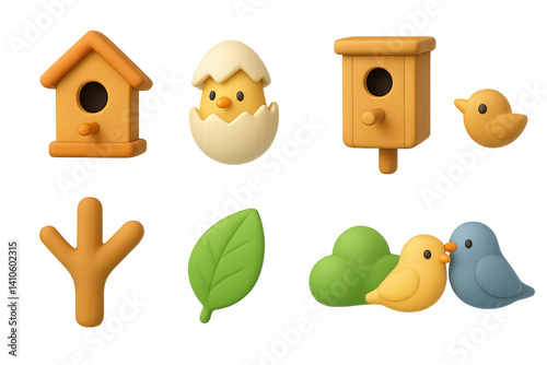 Obraz na płótnie 3D icon set of nesting season: birdhouse, bird couple, hatched egg, flower petals, bird nest, mother bird, tiny beak, bird egg. 3d icon. icons set of 3d style in a modern design. Isolated w salonie