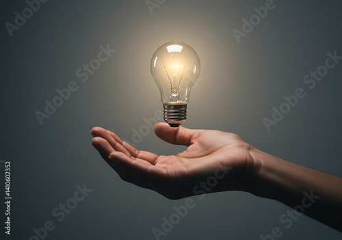 Lit light bulb floating above a hand, symbolizing brilliant idea